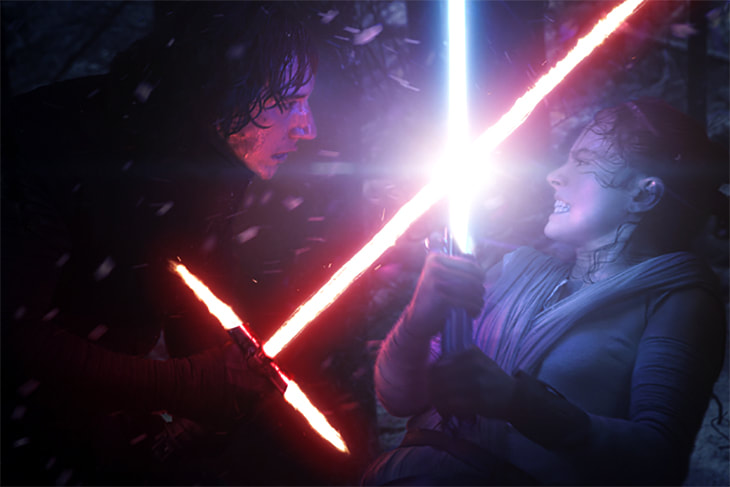 Kylo Ren and Rey dueling light sabers
